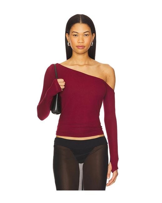 Michael Lauren Red Magdaleno Asymmetrical Fitted Cold Shoulder Long Sleeve Top
