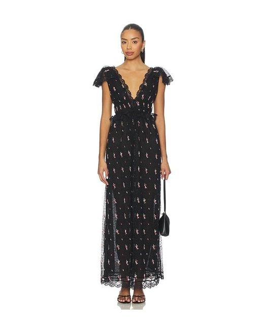 For Love & Lemons Black Poppy Pleated Lace Maxi Dress