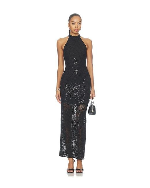 Alice + Olivia Black Koi Embellished Lace Halter Maxi Dress With Back Slit