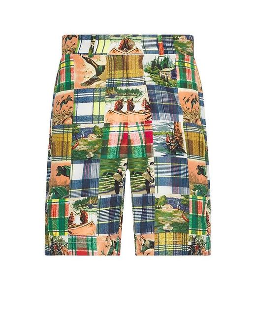 Beams Plus Green Plain Front Shorts Jacquard Mapping Patchwork Like Print for men