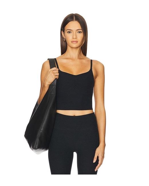 Beyond Yoga Black Spacedye Raised The Barre Shirred Cropped Tank Top