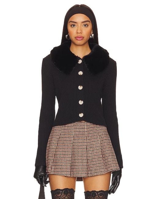 Central Park West Black Delilah Faux Fur Collar Cardigan