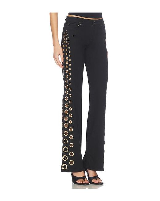 Alice + Olivia Black Roxie Low Rise Straight Flare Full Length Jean With Grommets
