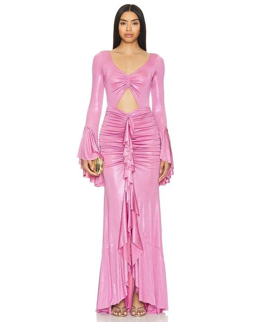 PATBO Pink Metallic Jersey Ruched Maxi Dress