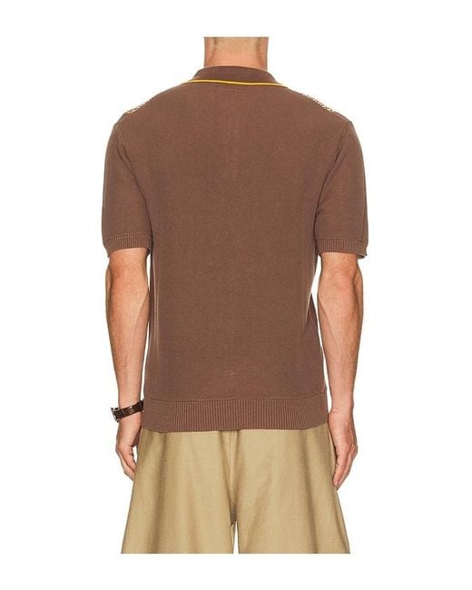Beams Plus Brown Knit Polo Front Stripe Jacquard for men