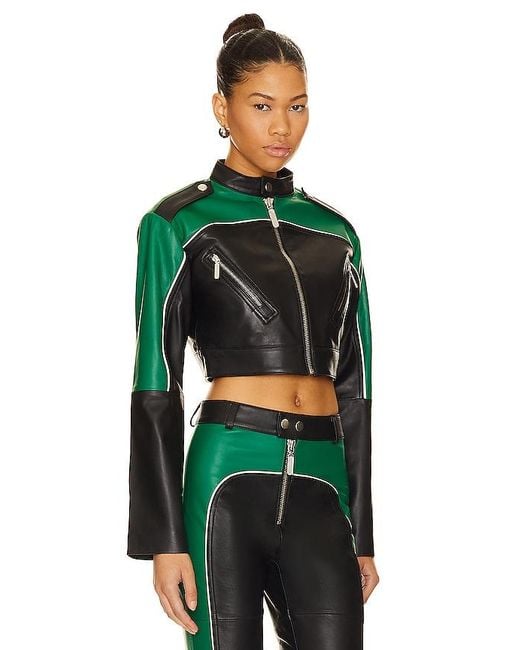 Camila Coelho Green Cropped Moto Biker Leather Jacket
