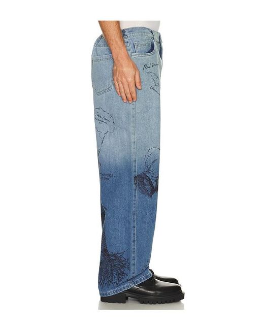 Pas Une Marque Blue Sketch Print Denim Pants for men