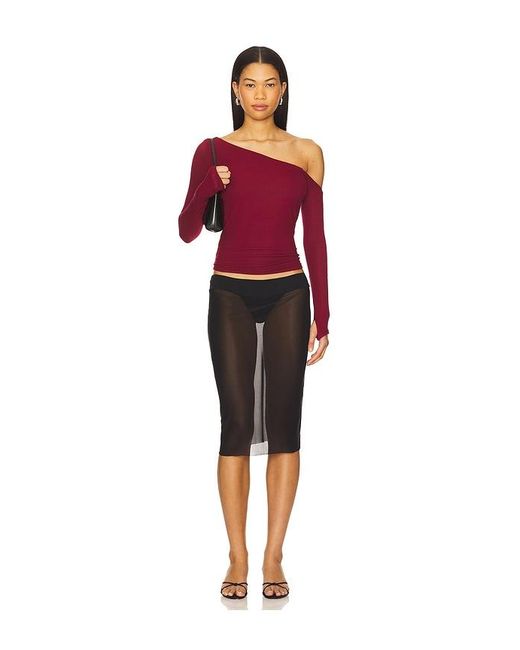 Michael Lauren Red Magdaleno Asymmetrical Fitted Cold Shoulder Long Sleeve Top