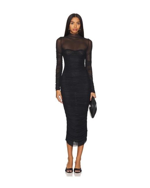 SER.O.YA Black Trina Mesh Ruched Midi Dress