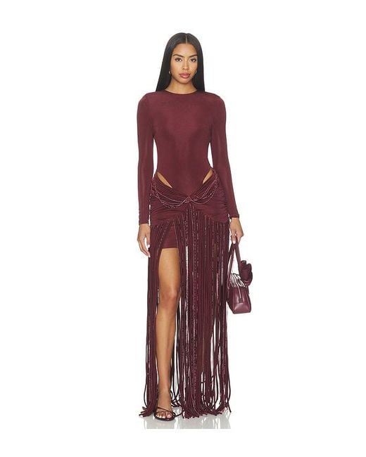 PATBO Red Taffeta Tarsila Fringe Maxi Dress