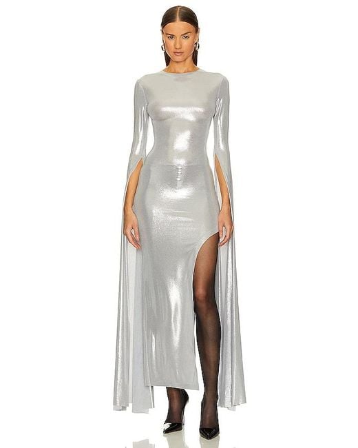 Norma Kamali White Open Back Ribbon Sleeve Wide Slit Gown