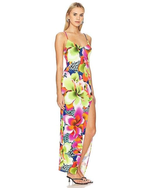 Luli Fama White Tropical Illusions Fitted Side Slit Maxi Dress