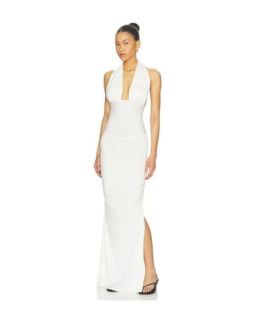 Indah White Amanda Solid Halter Maxi Dress