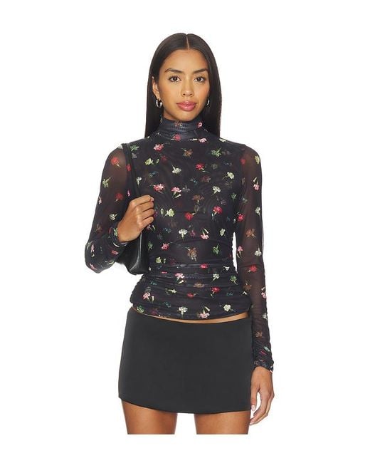 Cinq À Sept Black Tumbling Carnations Shirred Mesh Top