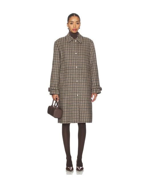 Vince Natural Plaid Car Coat With Faux Leather Trim