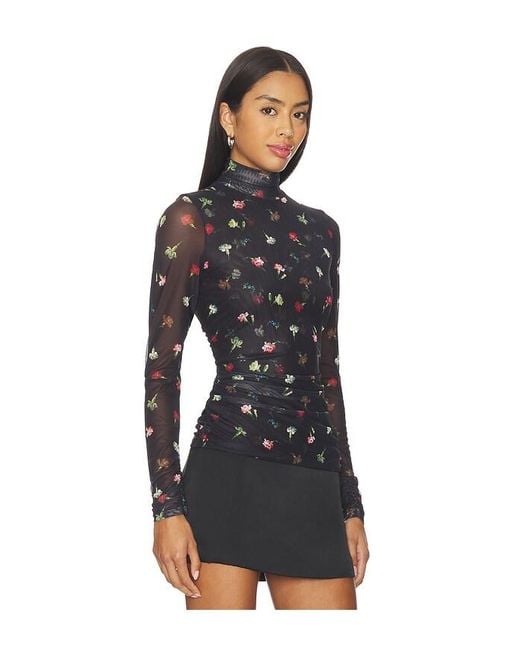 Cinq À Sept Black Tumbling Carnations Shirred Mesh Top