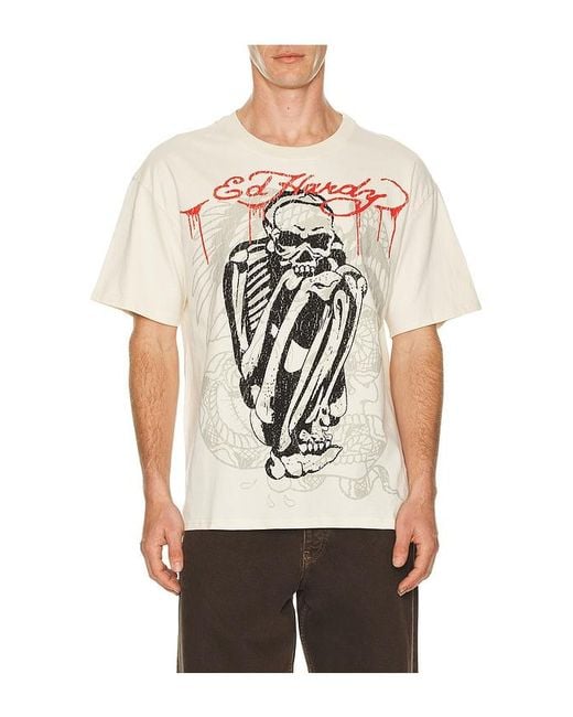 Ed Hardy Natural Skele Rhinestone Boxy Tee for men