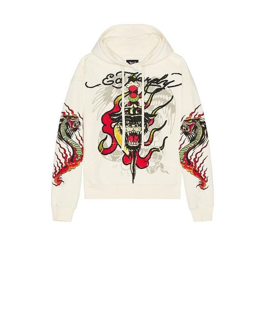 Ed Hardy White Panther Flame Boxy Rhinestone Fleece Hoodie for men