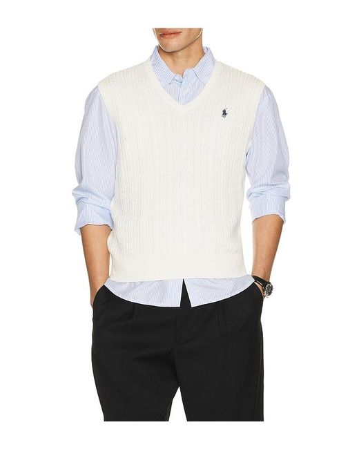 Polo Ralph Lauren White Sleeveless Featherweight Cable Knit V-Neck Sweater Vest for men