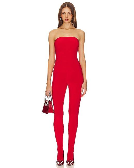 Norma Kamali Red Strapless Catsuit With Footsie