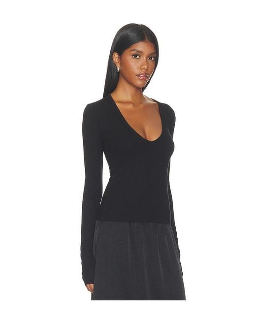 ÉTERNE Black Butter Rib Long Sleeve V-Neck Top