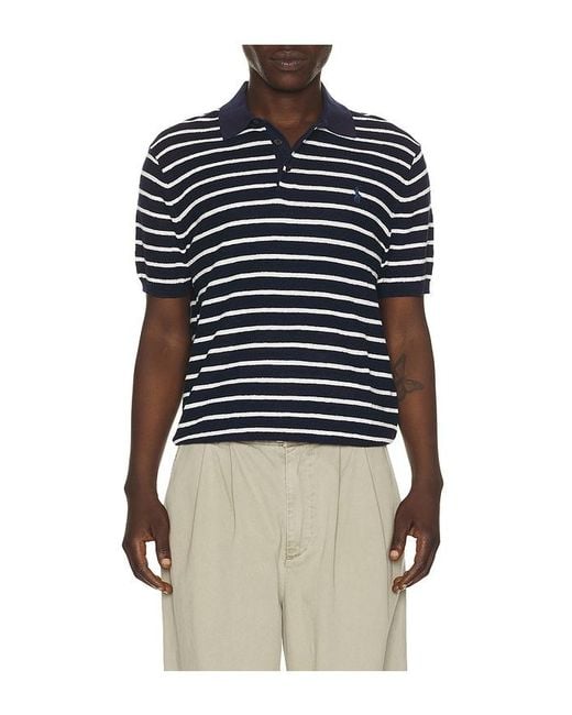 Polo Ralph Lauren Blue Cotton Blend Textured 3 Button Placket Short Sleeve Polo Sweater for men