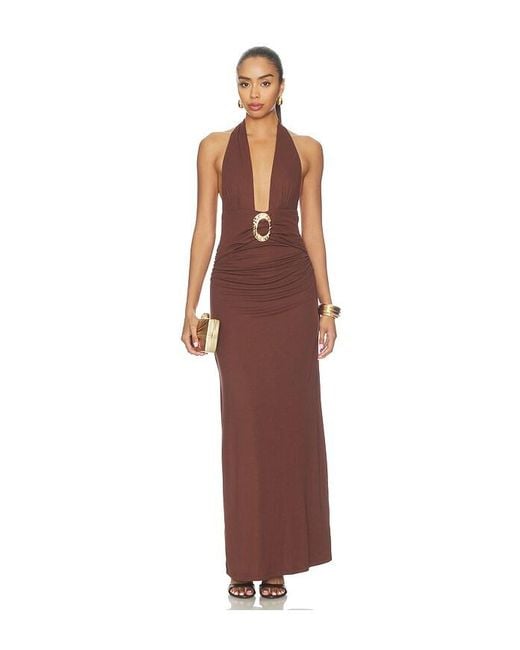 Runaway the Label Brown Arina Halter V-Neck Maxi Dress