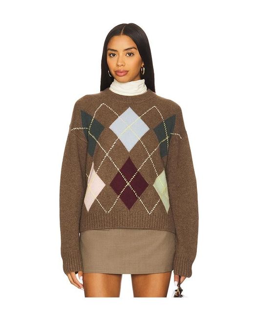 White + Warren Brown Cashmere Argyle Crew Sweater
