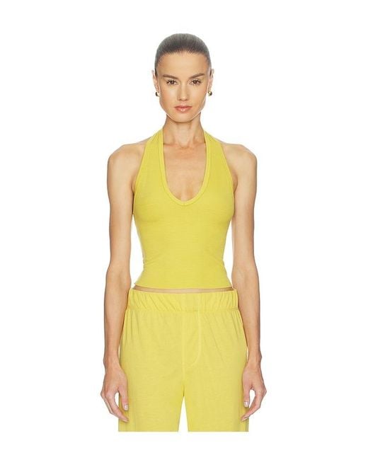 ÉTERNE Yellow Butter Rib Cropped Halter Top