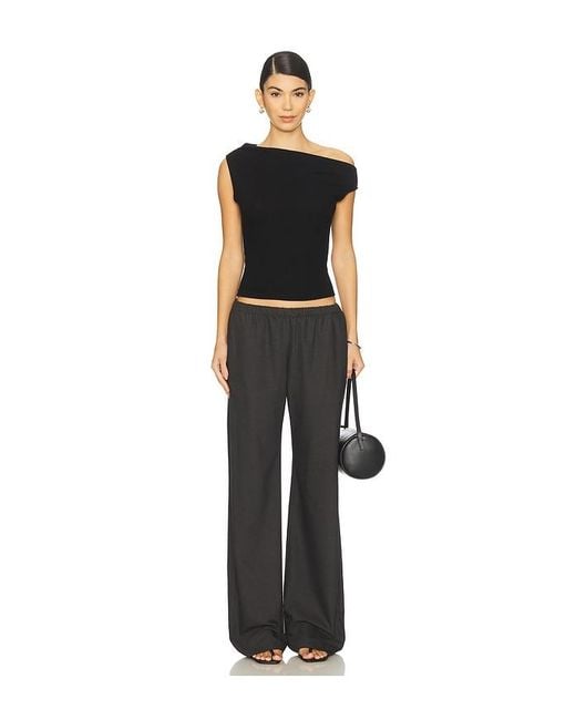 Leset Black Lauren Ruched Asymmetrical Shoulder Top