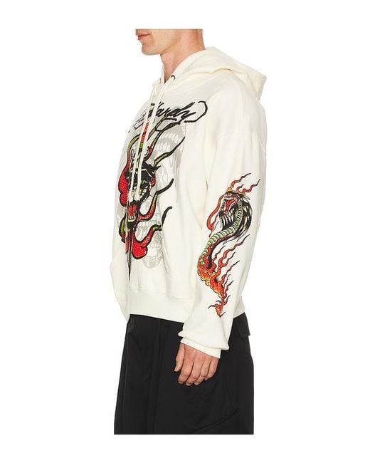 Ed Hardy White Panther Flame Boxy Rhinestone Fleece Hoodie for men
