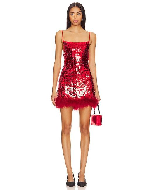 OW Collection Red Luna Sequin Feather Dress
