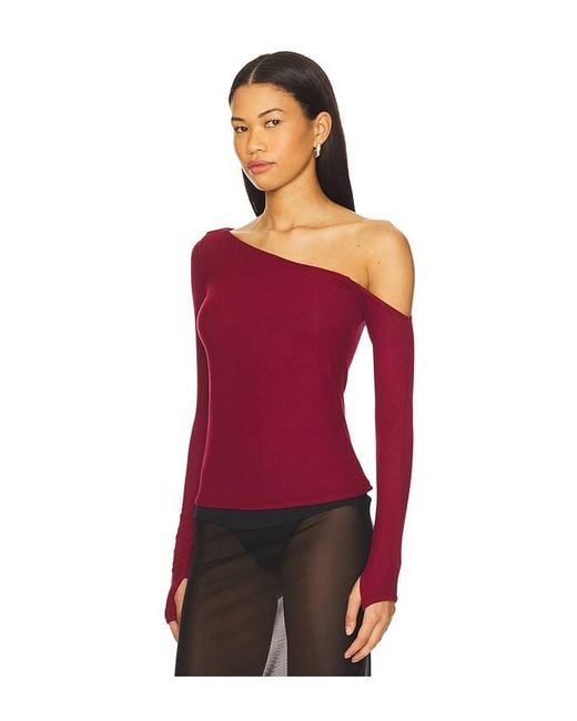 Michael Lauren Red Magdaleno Asymmetrical Fitted Cold Shoulder Long Sleeve Top