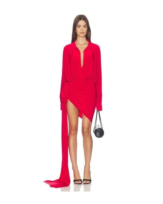 Norma Kamali Red Oversized Shirt Side Drape Dress With Bow