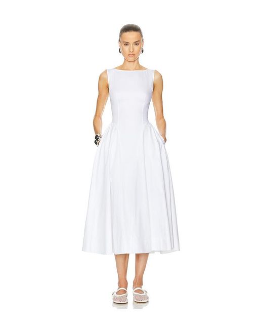 Helsa White Stretch Cotton Sateen Midi Dress