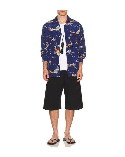 Beams Plus Blue Open Collar Cupro Print for men