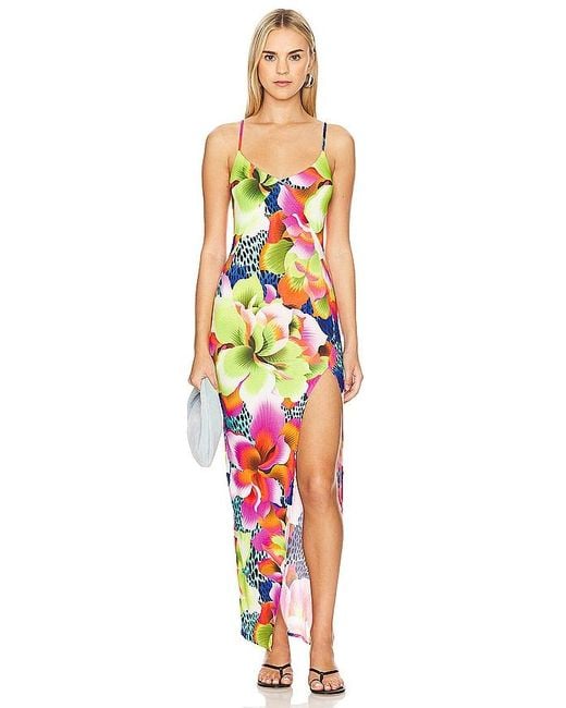 Luli Fama White Tropical Illusions Fitted Side Slit Maxi Dress