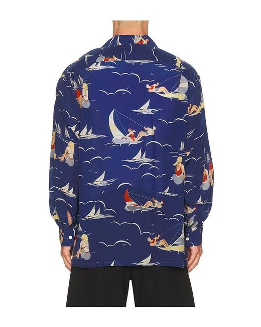 Beams Plus Blue Open Collar Cupro Print for men