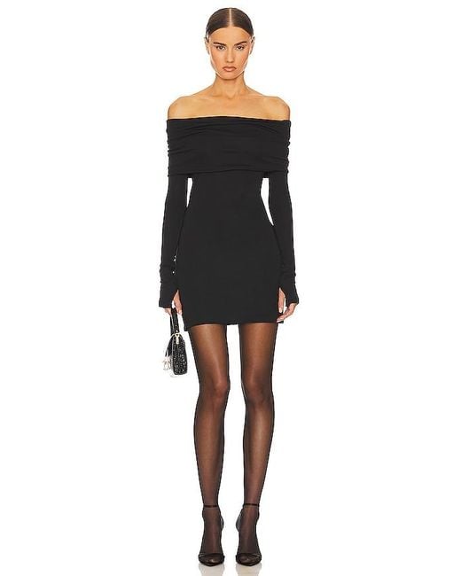 Helsa Black Matte Jersey Off Shoulder Mini Dress