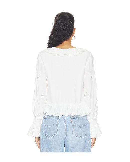 Alice + Olivia White Skye Lace Applique V Neck Ruffle Cropped Blouse