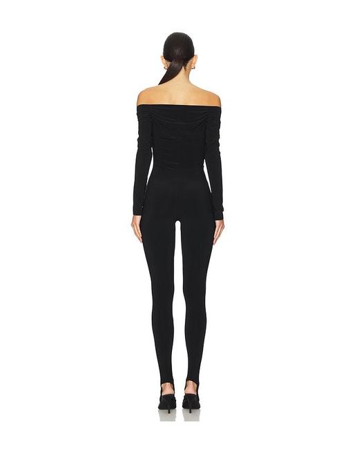 Norma Kamali Black Off Shoulder Sweetheart Catsuit With Footie