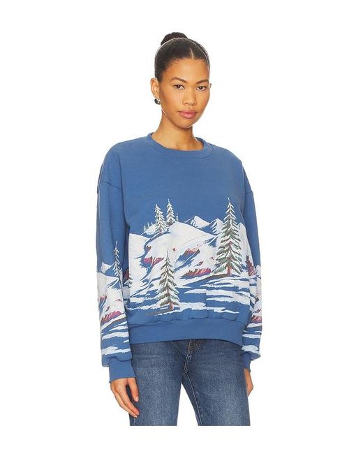 Daydreamer Blue Alpine Ski Scene Oversized Crew Sweatshirt
