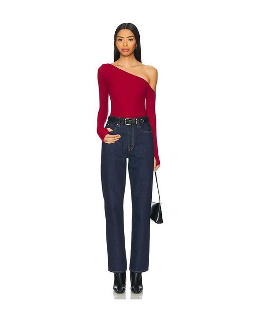 Michael Lauren Red Magdaleno Asymmetrical Fitted Cold Shoulder Long Sleeve Top