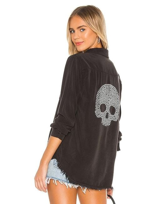 Lauren Moshi Black Sloane Nailhead Skull Button Up Denim Shirt