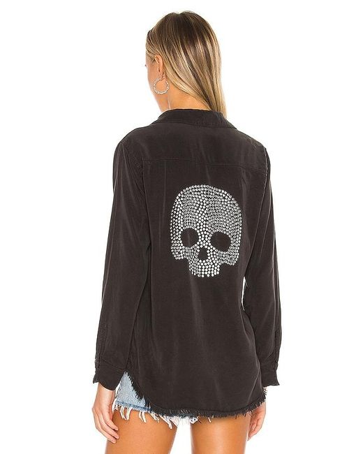 Lauren Moshi Black Sloane Nailhead Skull Button Up Denim Shirt