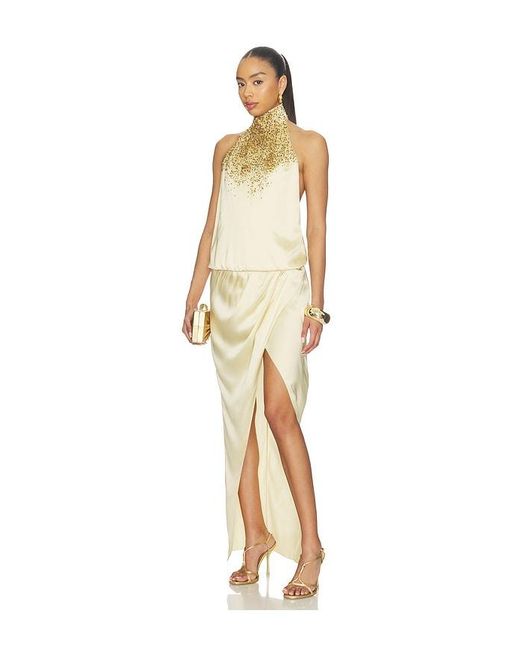 Balmain Natural Halterneck Sand Pearl Embroidered Dress