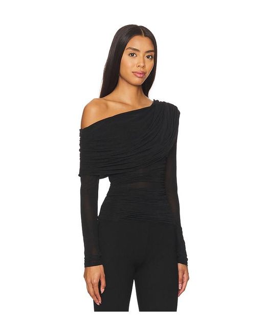 Lovers + Friends Black One-Shoulder Ruched Mesh Top
