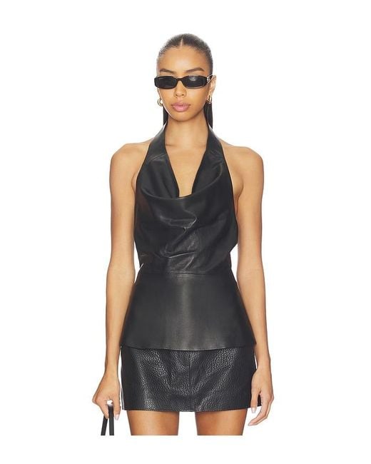 AEXAE Black Leather Cowl Neck Top