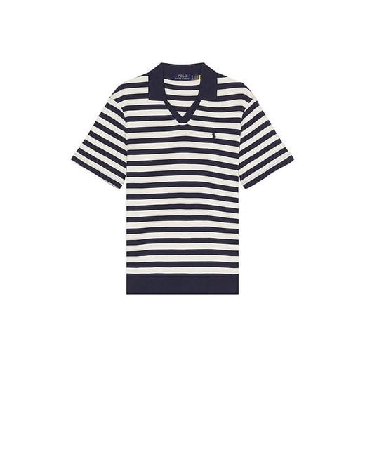 Polo Ralph Lauren Black Short Sleeve Cotton Club Stripe Textured Fully Fashioned Johnny Collar Polo for men