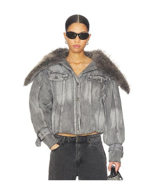 Jaded London Gray Alloy Denim Bomber Jacket With Faux Fur Collar